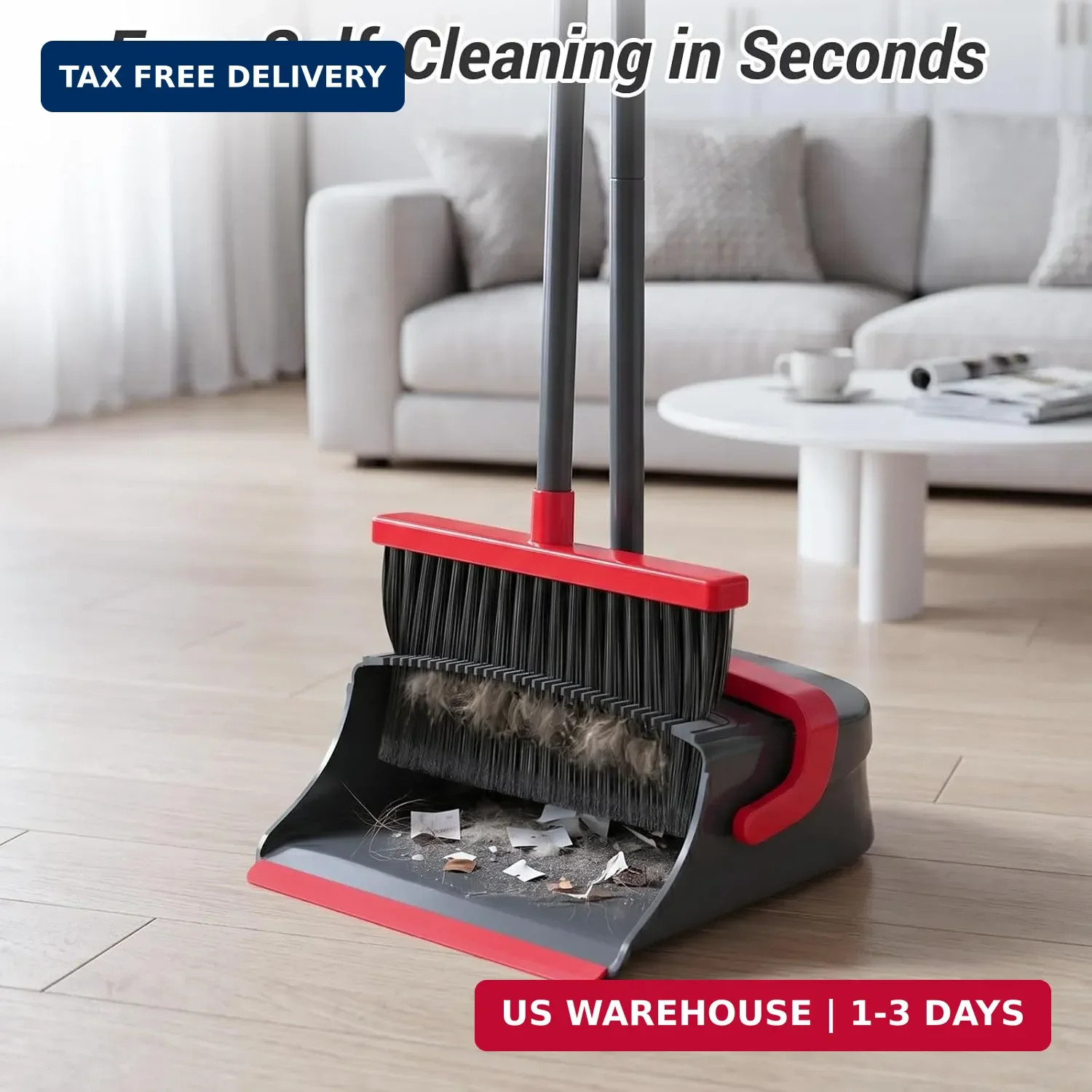 Broom with Dustpan Combo Set, Long Handle Upright Standing Self-Cleaning Broom a