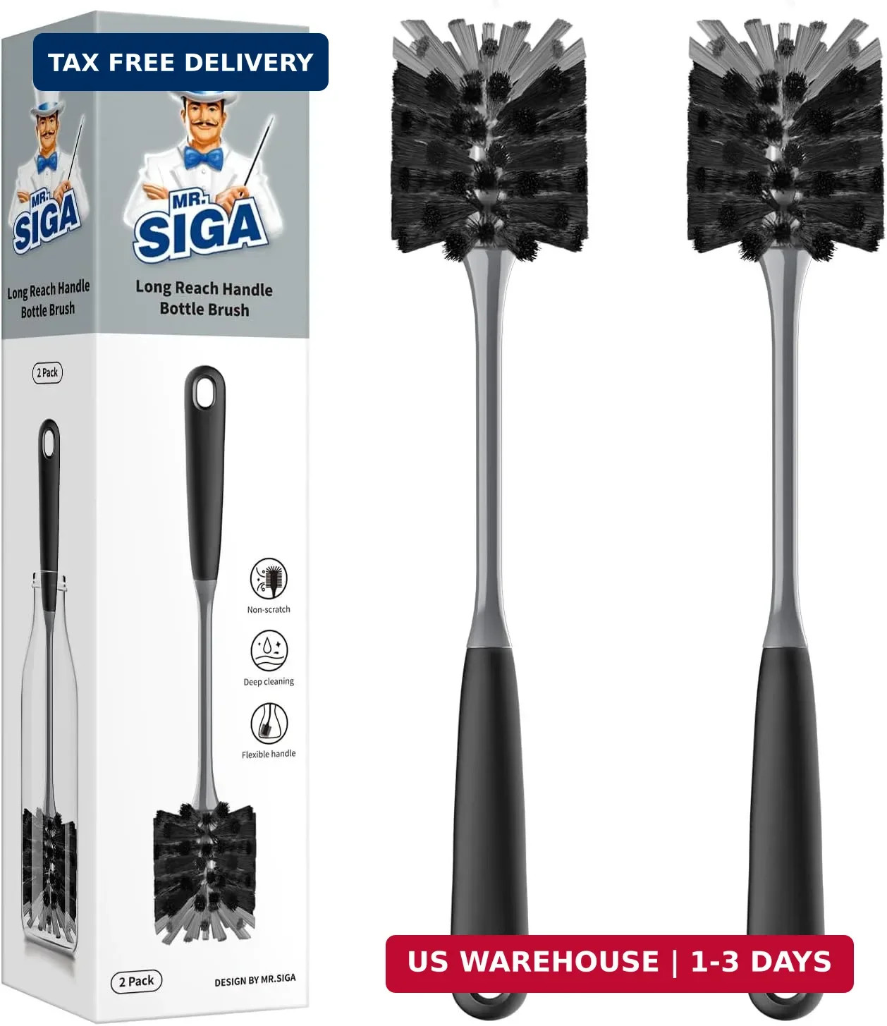 Bottle Brush Set 2pcs Flexible Long Handle Glassware Mug Cleaner