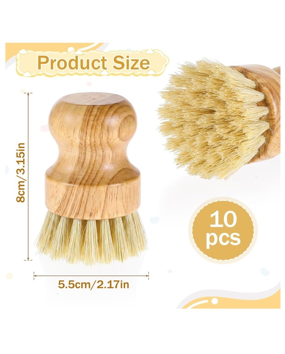 10Pcs Bamboo Dish Scrub Brush Natural Sisal Bristle Wooden Kitchen Pot Scrubber.