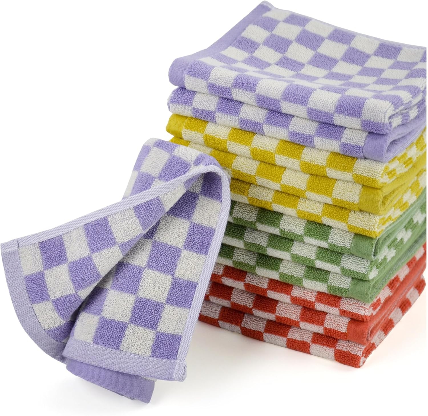 Washcloths 12 Pack Checkered – Wash Cloths for Showering (13″x13″) in 4 Colors,