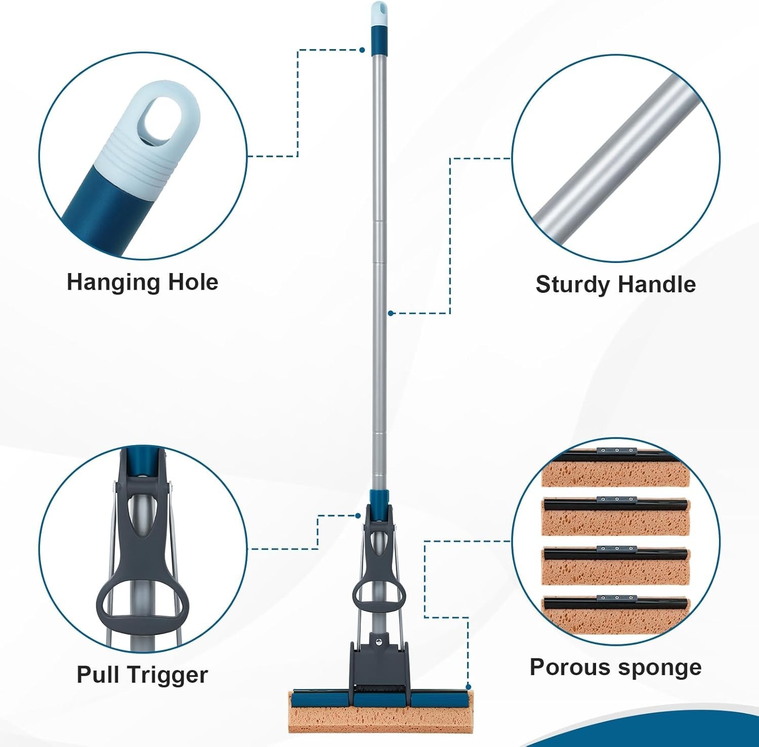 Sponge Mop for Floor Cleaning, 50″ Heavy Duty Roller Mop with 4 Cellulose Ref…