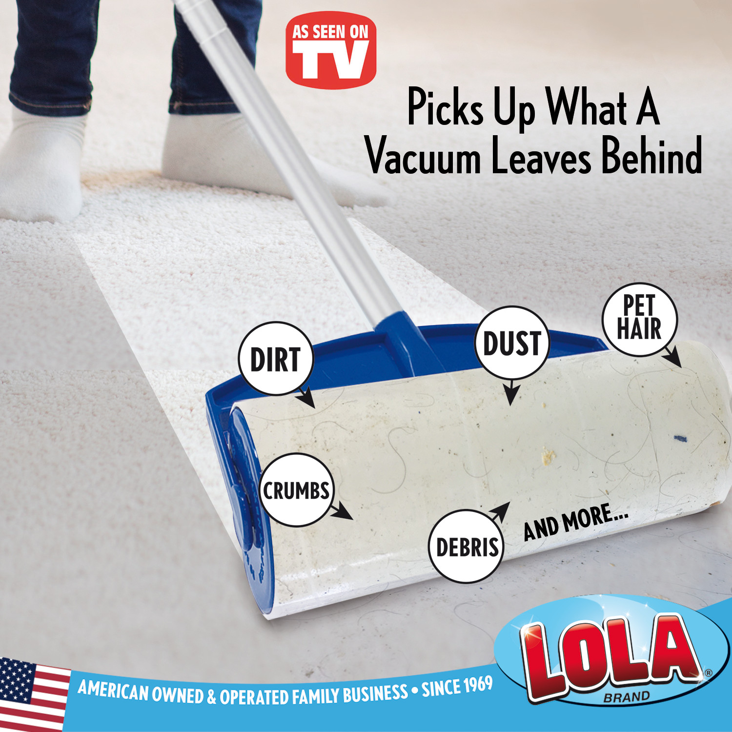 LOLA Rola PET Hair Remover Extra Sticky Large Mop 9” x 3.5”w/ Extender Handle