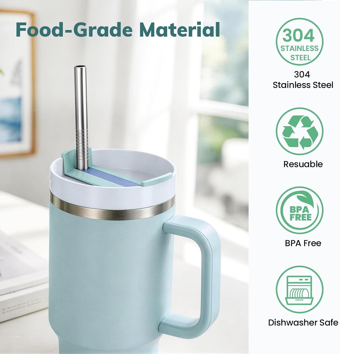 6 Pack Metal Straws for Stanley 40 oz Tumbler, Stainless Steel Reusable