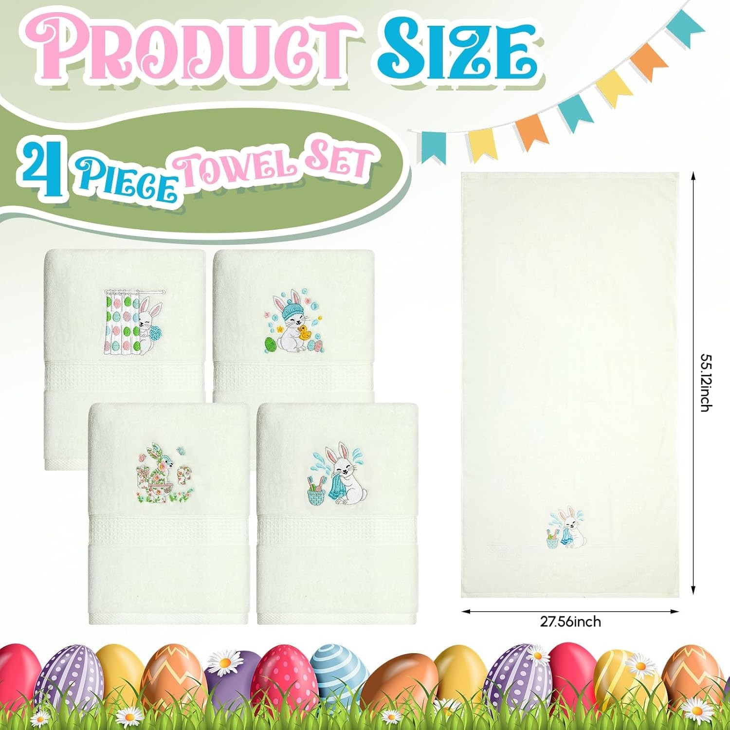 Set of 4 Easter Bunny Bath Towel, 27×54 Inch Cotton Easter Towels, Absorbent