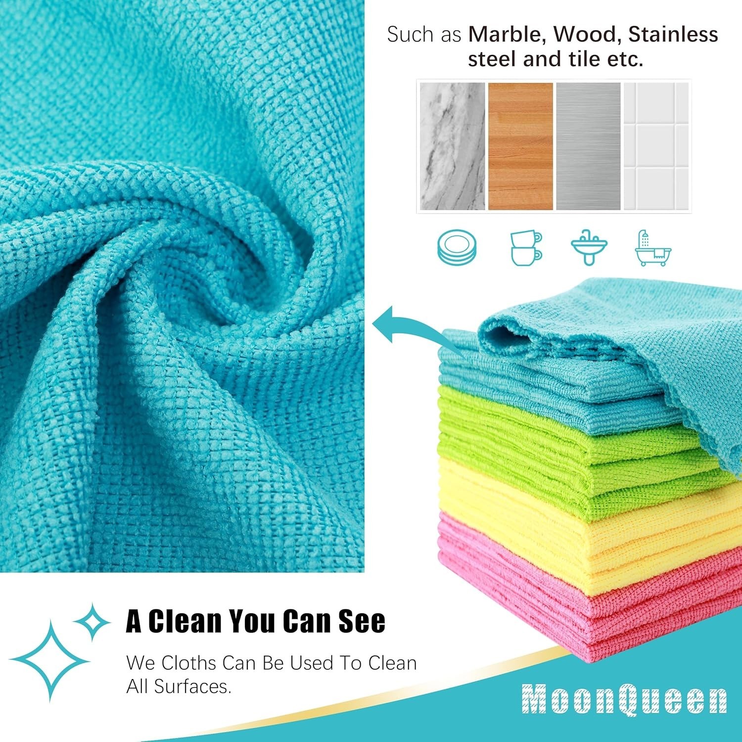 MOONQUEEN 12 Pack Microfiber Cleaning Cloth – 12 Pack, Green/Blue/Yellow/Pink