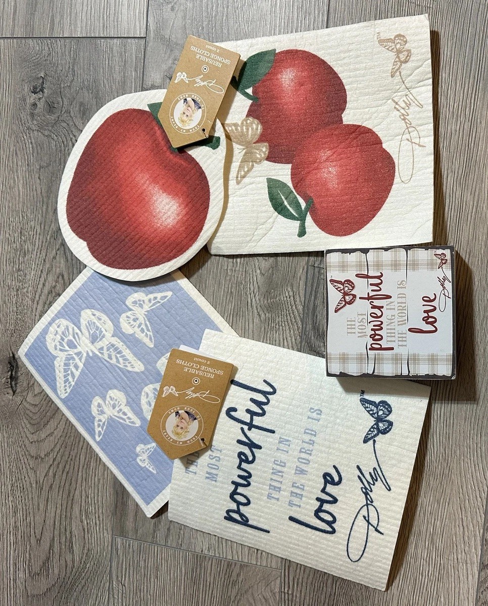 Dolly Parton Wash/Reuse Cotton Blend Butterfly & Apple Cloths & Wood Decor Sign