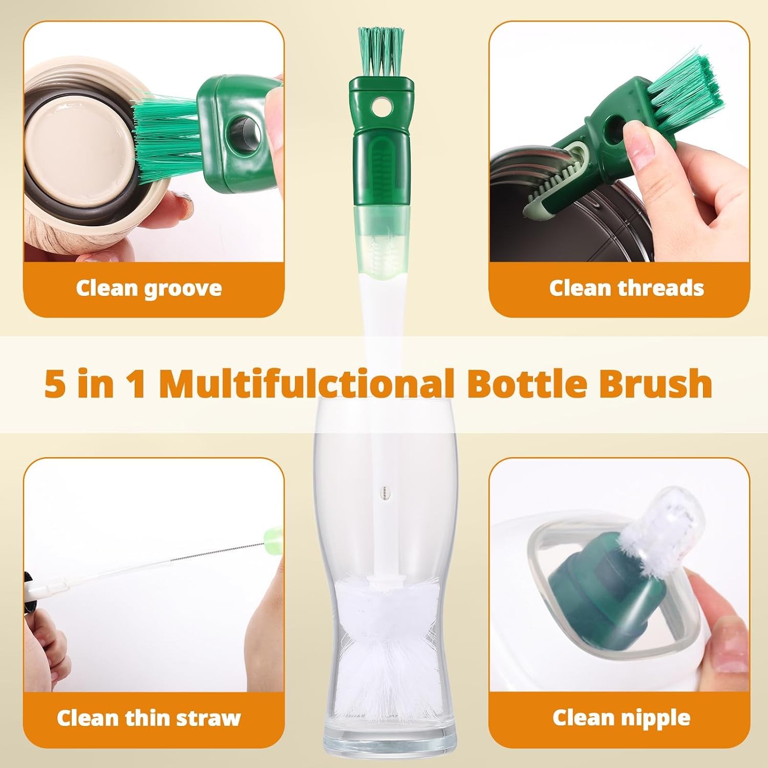 5 Pack Bottle Brush Set, 5-in-1 Water Bottle Cleaner Brush, 15″” Long Handle