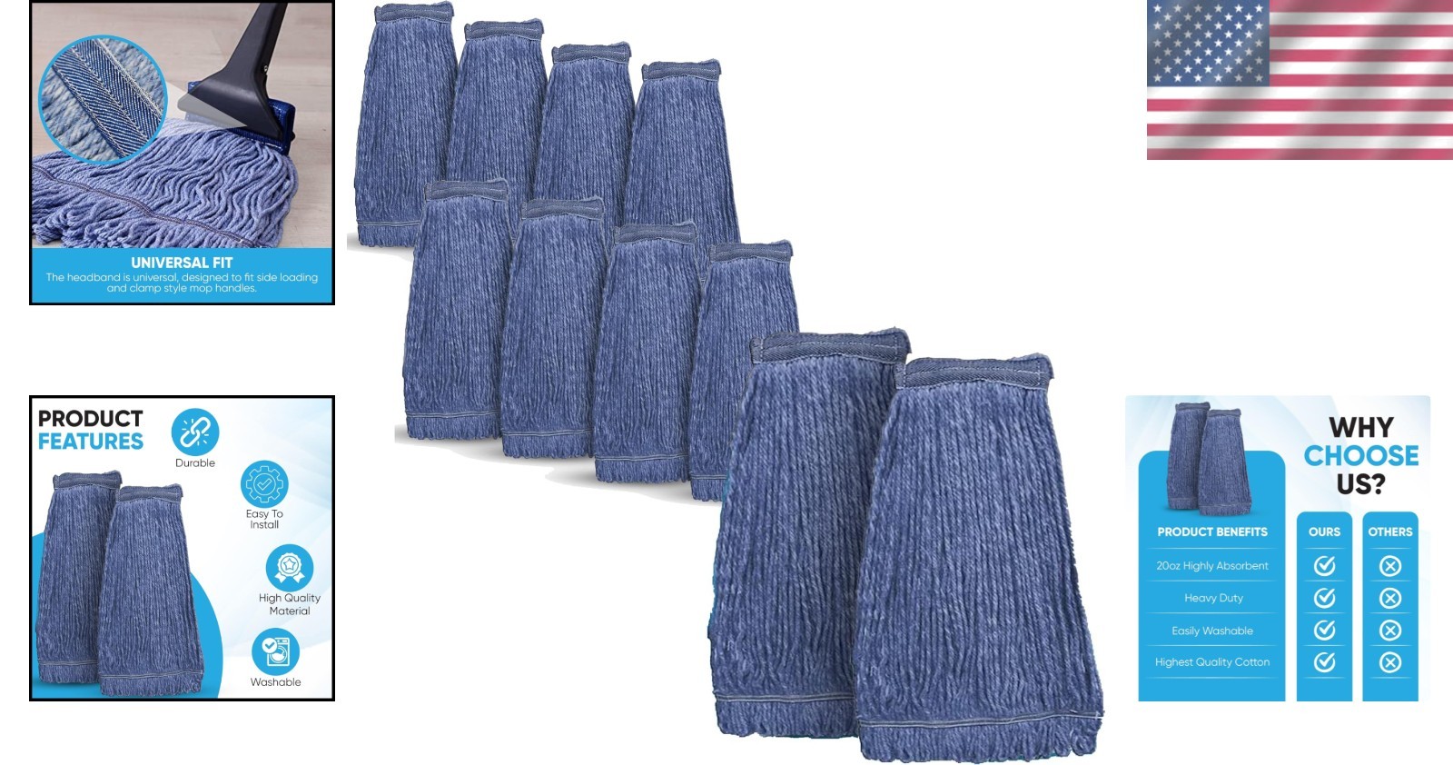 10 Pack Blue Cotton Mop Heads, 20oz Heavy Duty for Industrial Cleaning