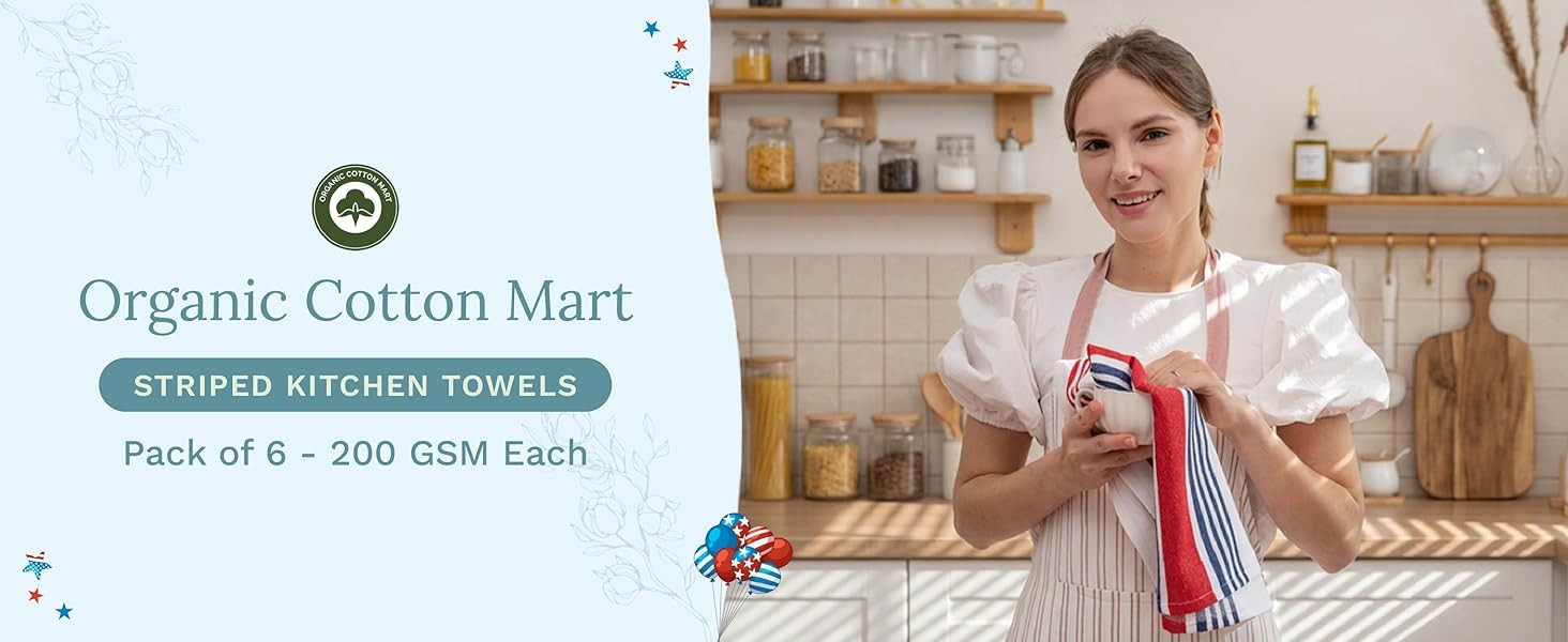 Red White and Blue Kitchen Towels – 6 Pack, 100% Cotton, 30″x20″, Striped