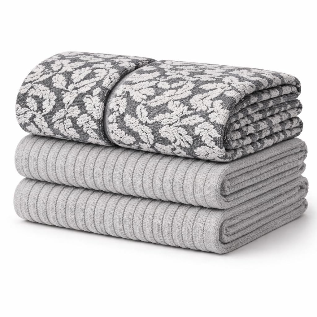 Kitchen Towels, Cotton Hand Towels, Grey and White Vine Ribbed Hand Drying Cl…