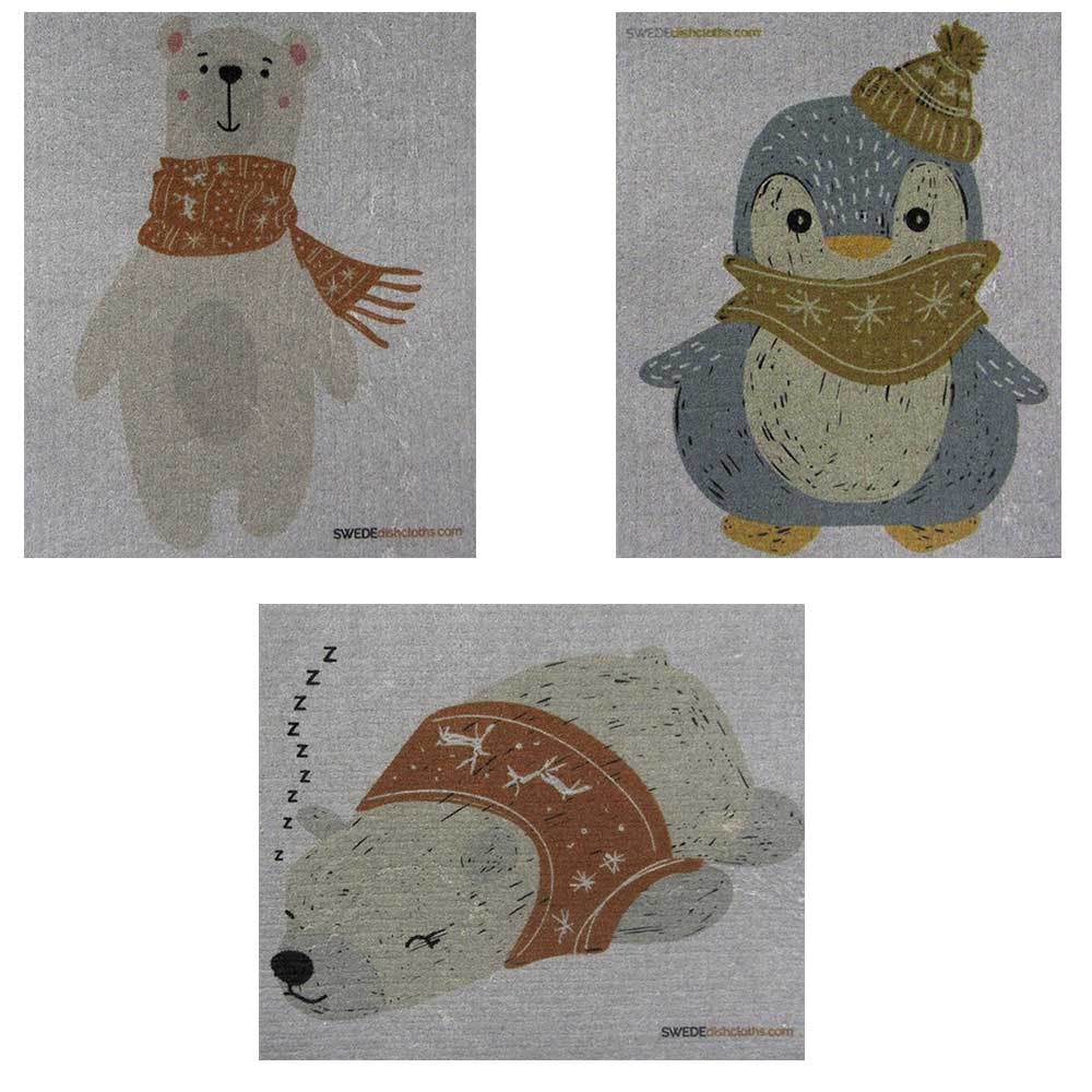 Mixed Winter Animals on Gray Set of 3 cloths Swedish Dishcloths -one of each/D.