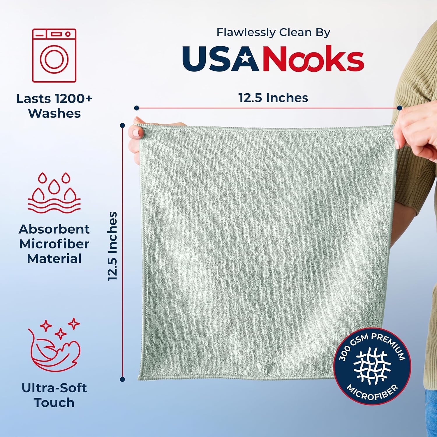 Microfiber Cleaning Cloths Pack of 12 Sea Green 12.5×12.5 Inches Ultra Absorbent