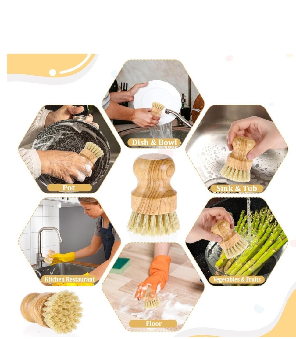 10Pcs Bamboo Dish Scrub Brush Natural Sisal Bristle Wooden Kitchen Pot Scrubber.