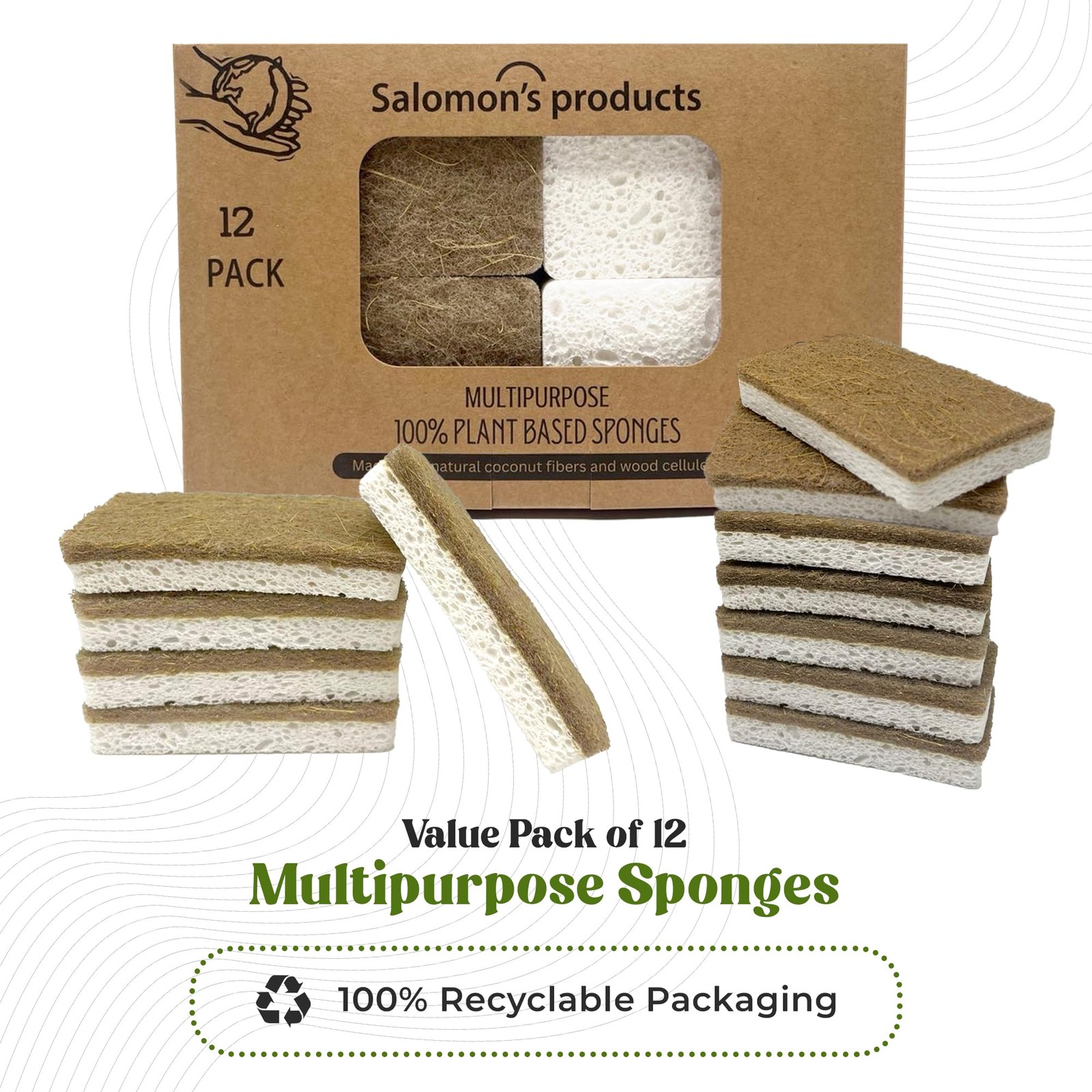 12 Pack Natural Kitchen Sponges – Biodegradable, Compostable, Sustainable Woo…