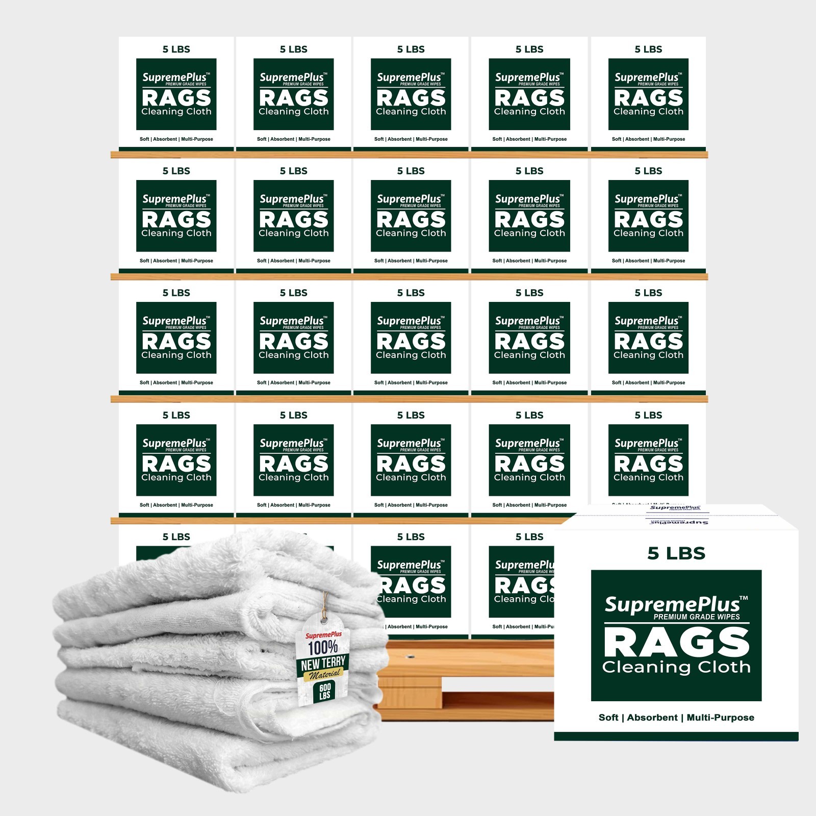 Pallet of New White Terry Rags – 5 LB x 120 Boxes – 600 LB For Cleaning