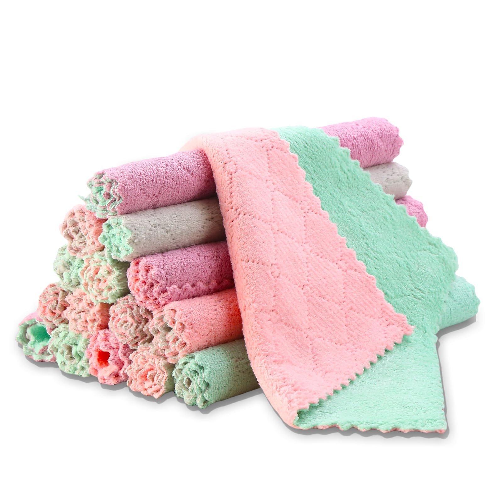 IZYUF 12 Pack Kitchen Cloth, 10 inches x 10 inches, Green，grey, Purple, Pink