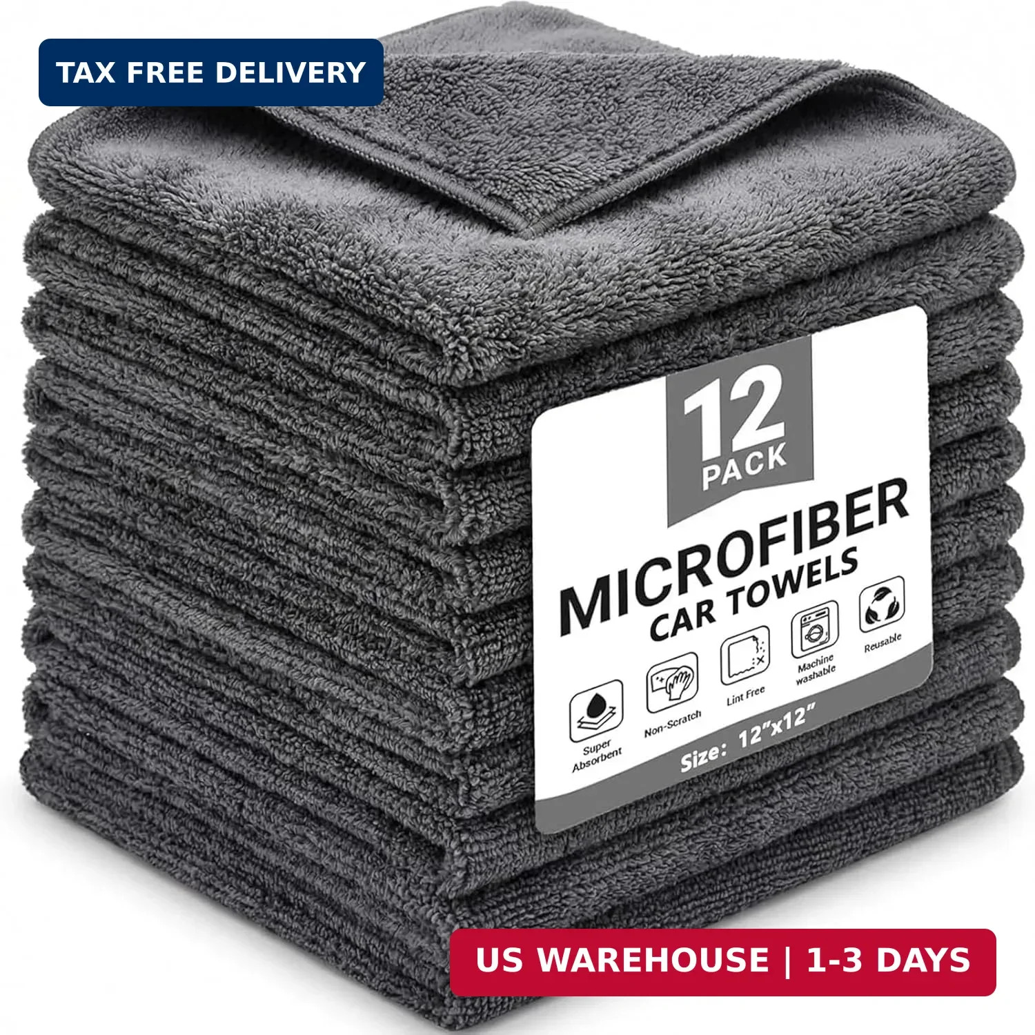 Puomue 12 Pack Microfiber Cleaning Cloth for Cars, 12″ X 12″ Car Microfiber Towe