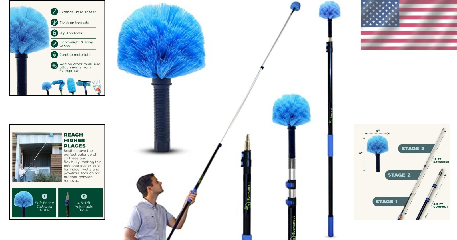 Telescoping Duster Extension Pole Cobweb Cleaner for Ceiling Walls Outdoors