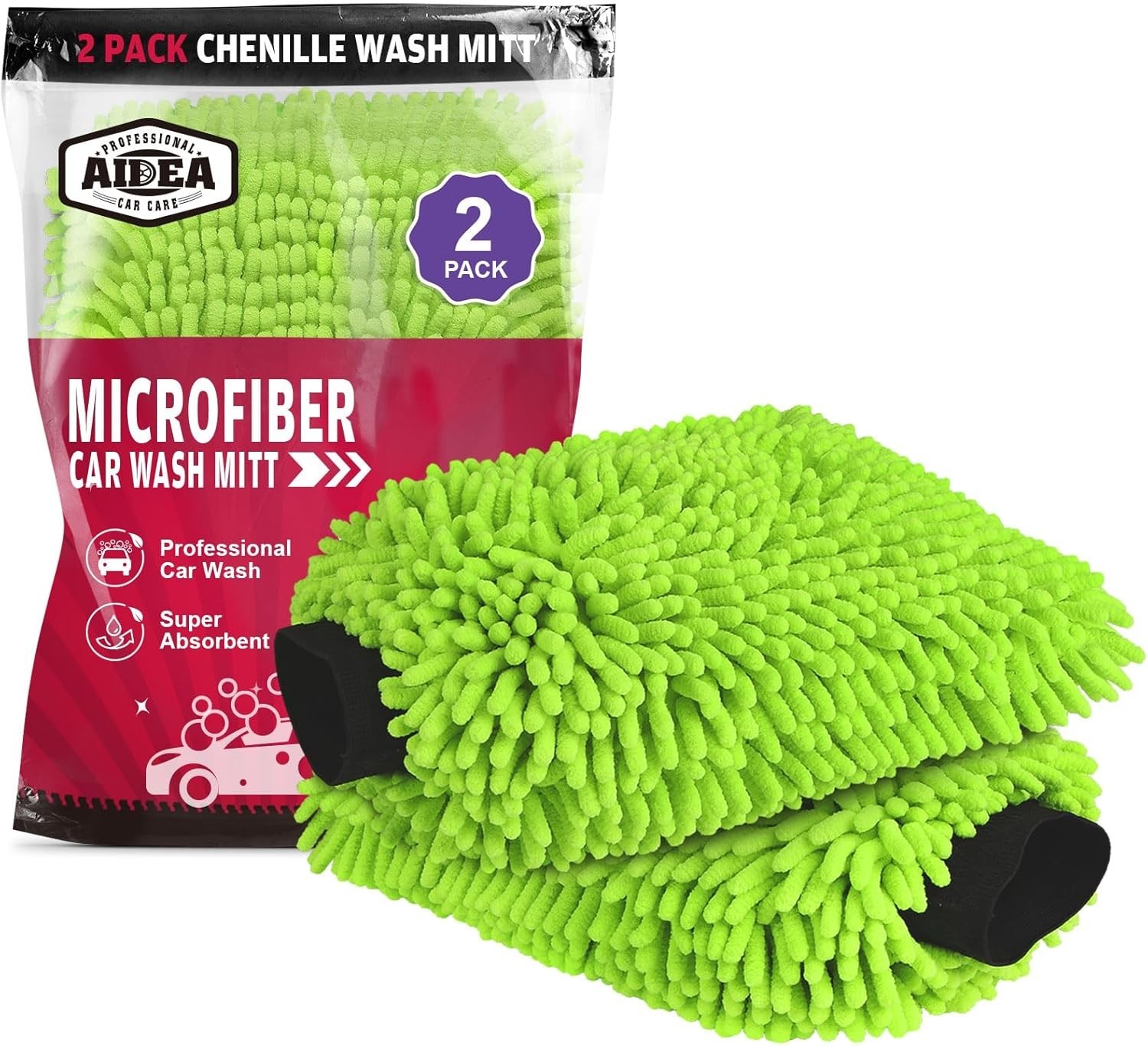 2-Pack Microfiber Car Wash Mitts – Extra Plush, Lint-Free & Scratch-Free, Green