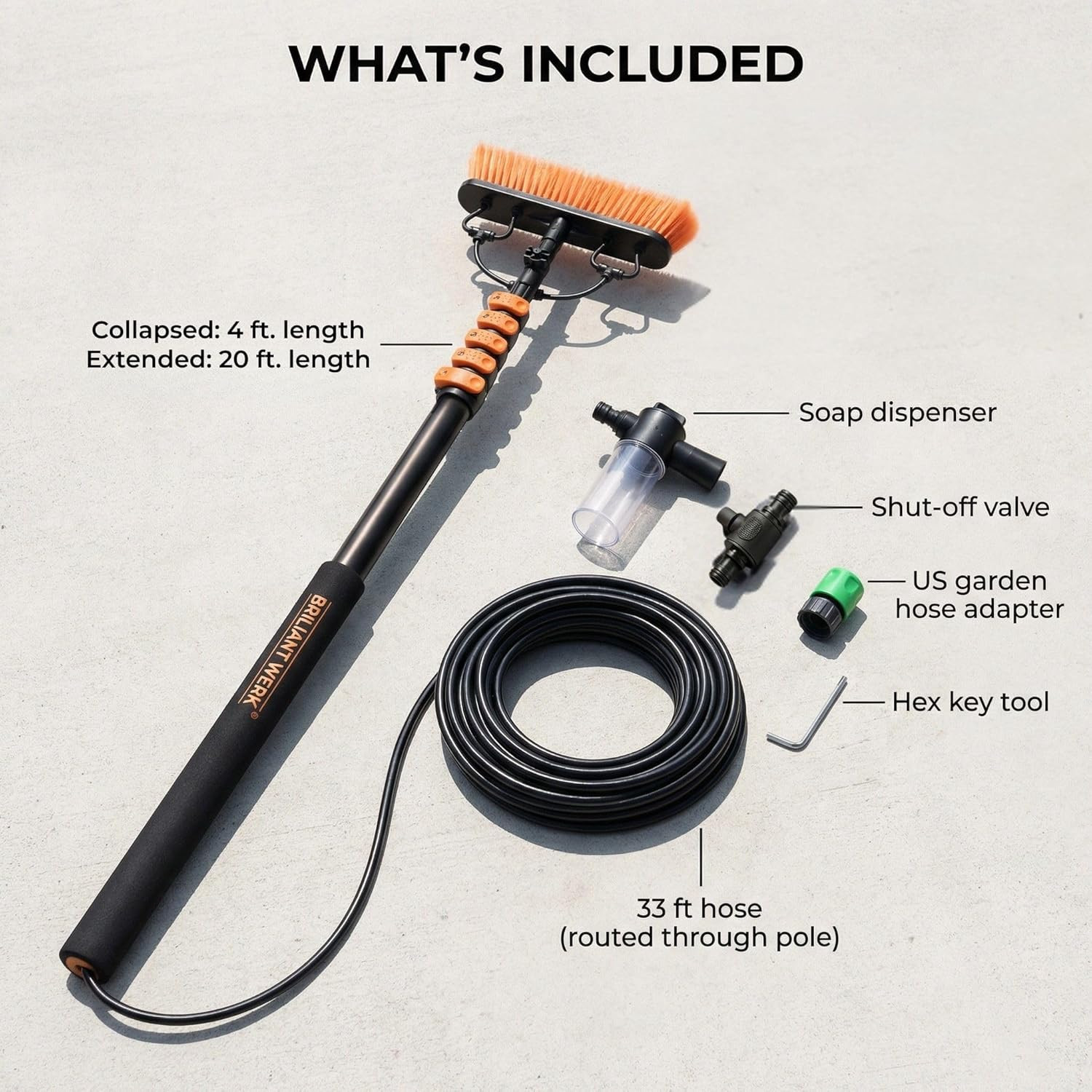 Solar Panel Cleaning Brush with 20 Ft Extension Pole – Water Fed Pole Brush with