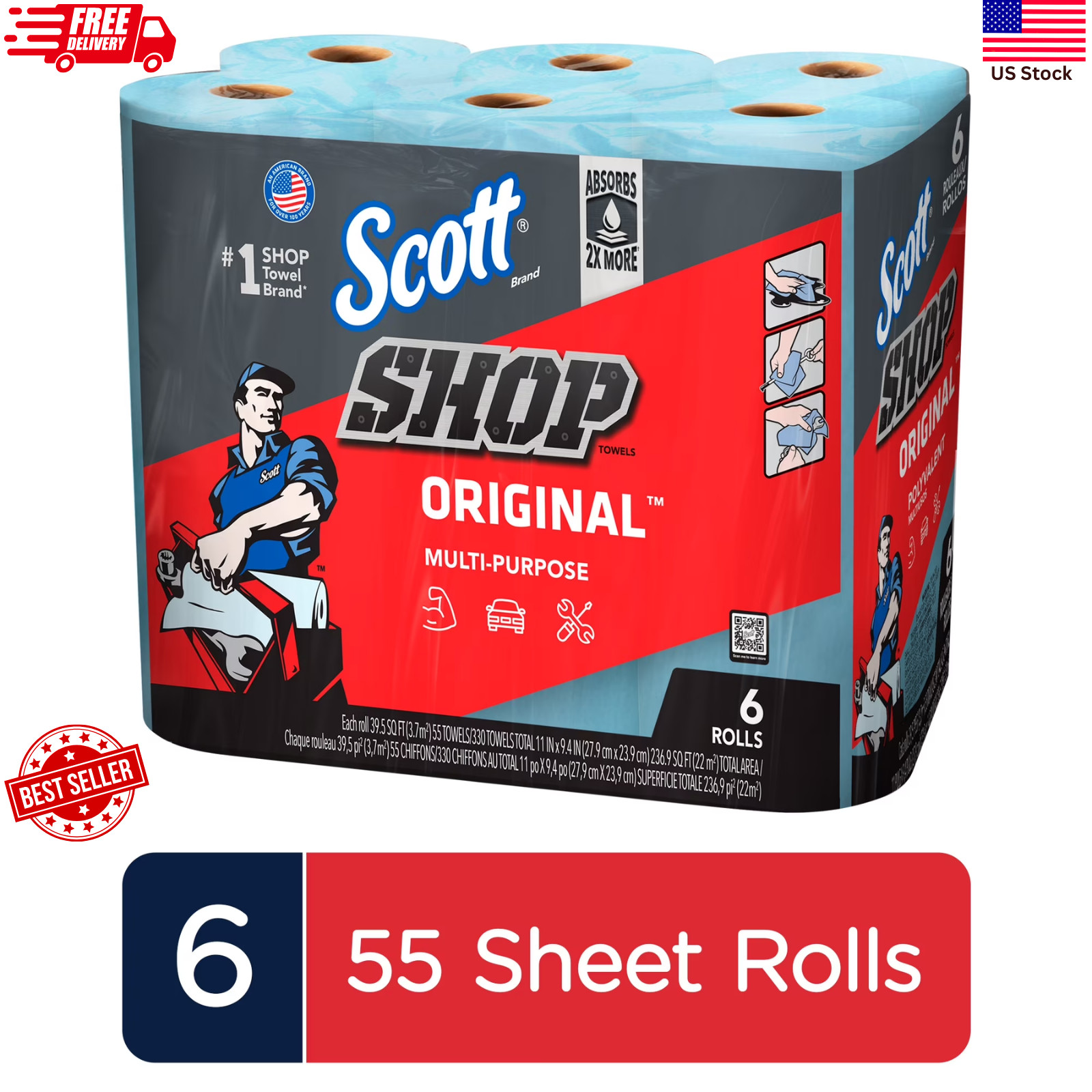 Scott Shop Towels Original Blue – 6 Rolls – 330 Total Sheets – Heavy Duty