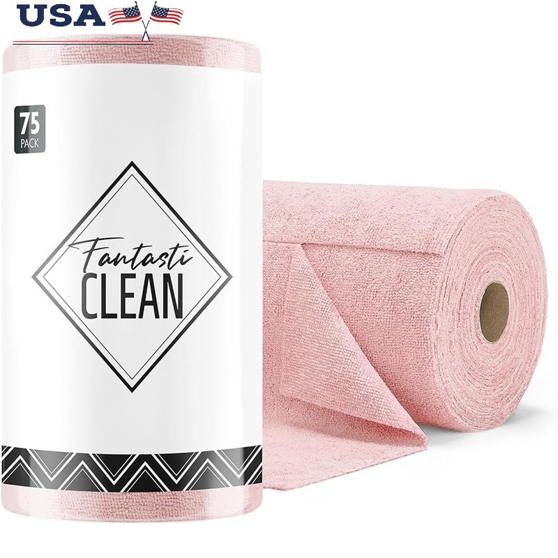 75 Count Microfiber Cleaning Cloths Quick Tear Washable Lint Free Absorbent Pink