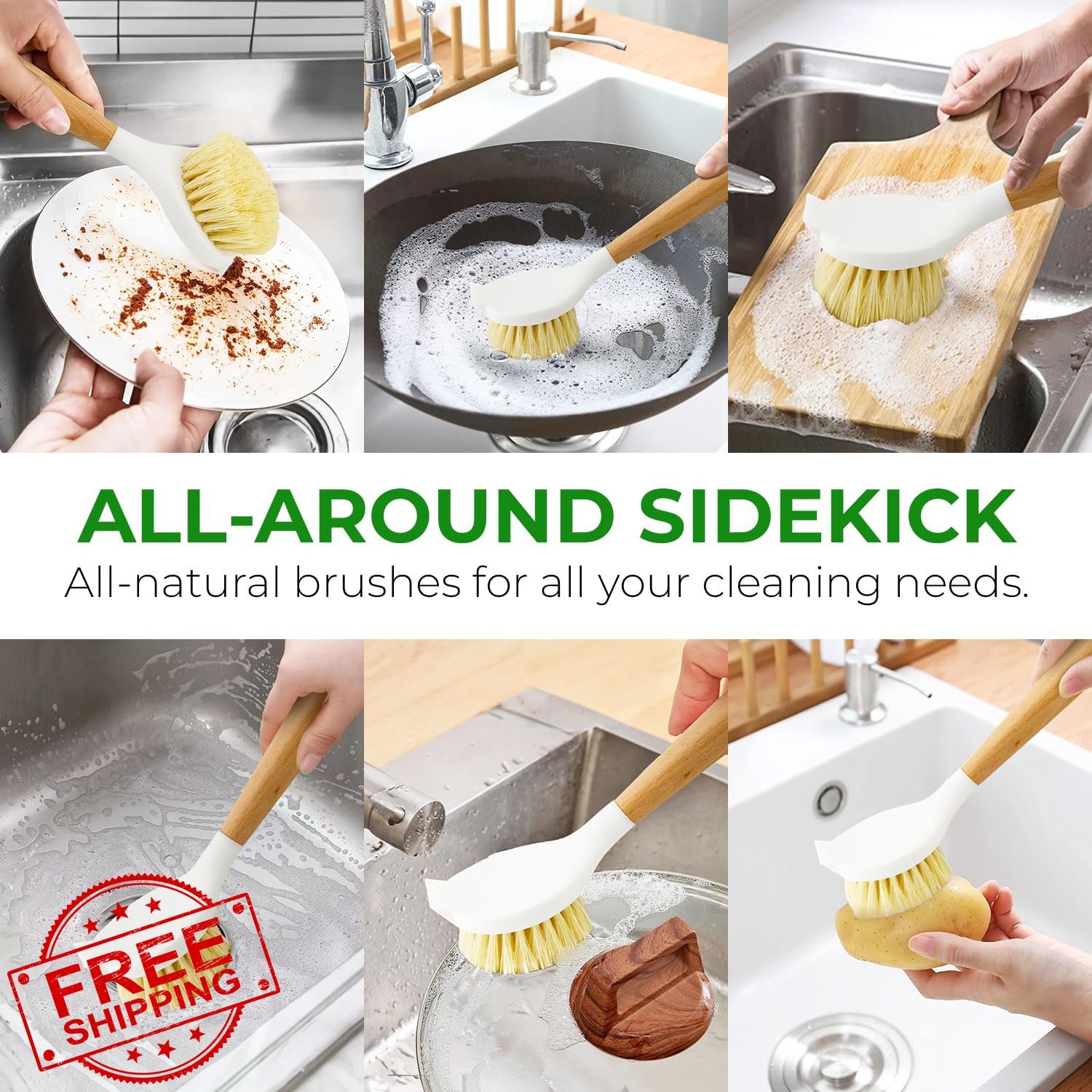 AIRNEX Wooden Dish Brush Set of 2 – Dish Brush with Handle Made of Wood and S…