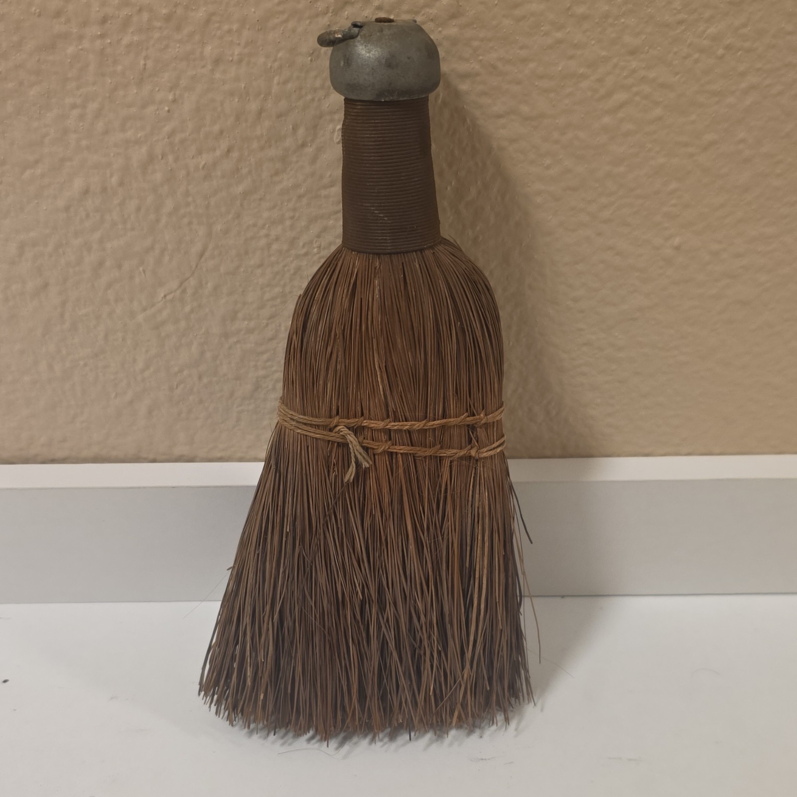 Brown Natural Fiber Whisk Broom Hand Brush w/ Metal Handle Hanging Loop 8in