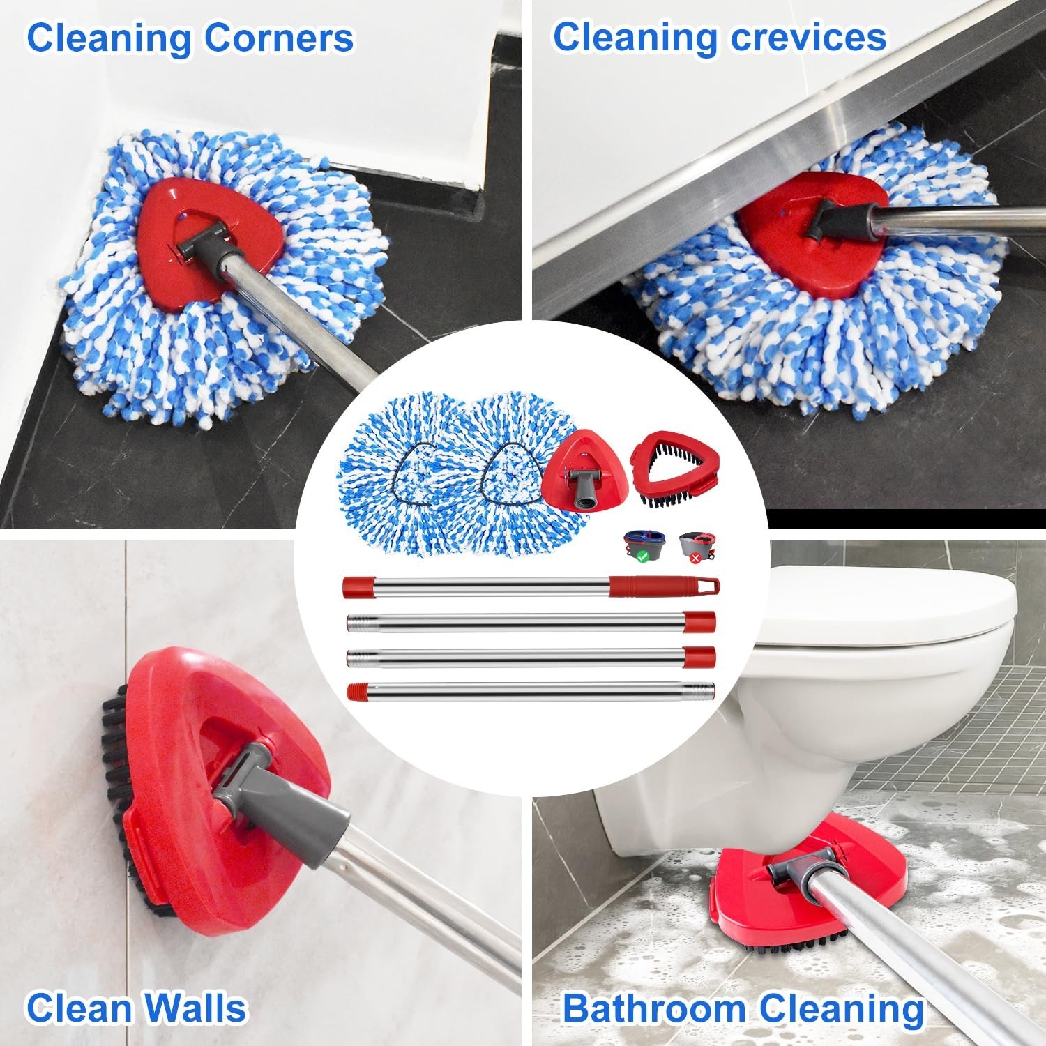 Spin Mop Replacement Set – Stainless Steel Handle, 2 Reusable Mop Heads & Base,