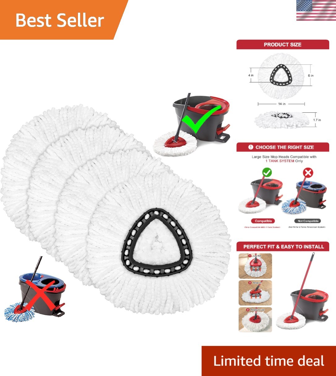 Microfiber Mop Heads Replacement Pack 4 for Spin Mop Easy Cleaning Floor
