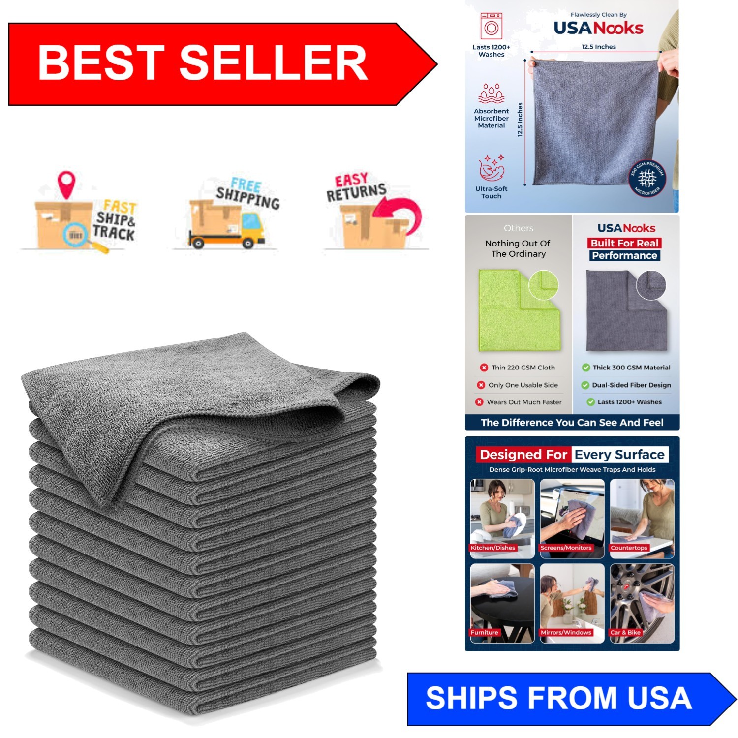 Streak-Free Microfiber Towels: 12 Pcs 12.5×12.5 – Last 1200 Washes, Eco-Friendly
