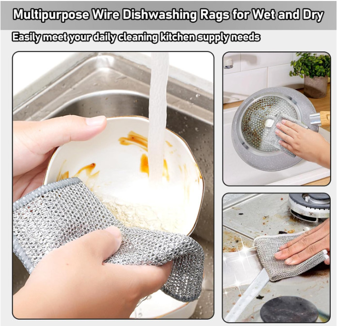 8PCS Non Scratch Wire Dishwashing Cloth Steel Wool Mesh Cleaning Rags Kitchen