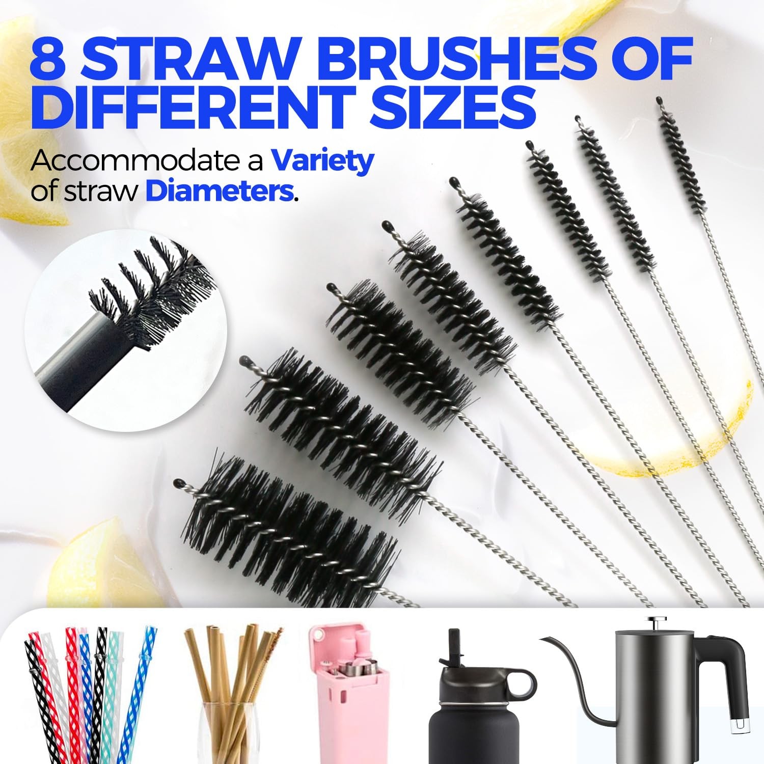 Holikme 10 Pack Bottle Brush Cleaner Set, 15″ Long Handle Whitegrey