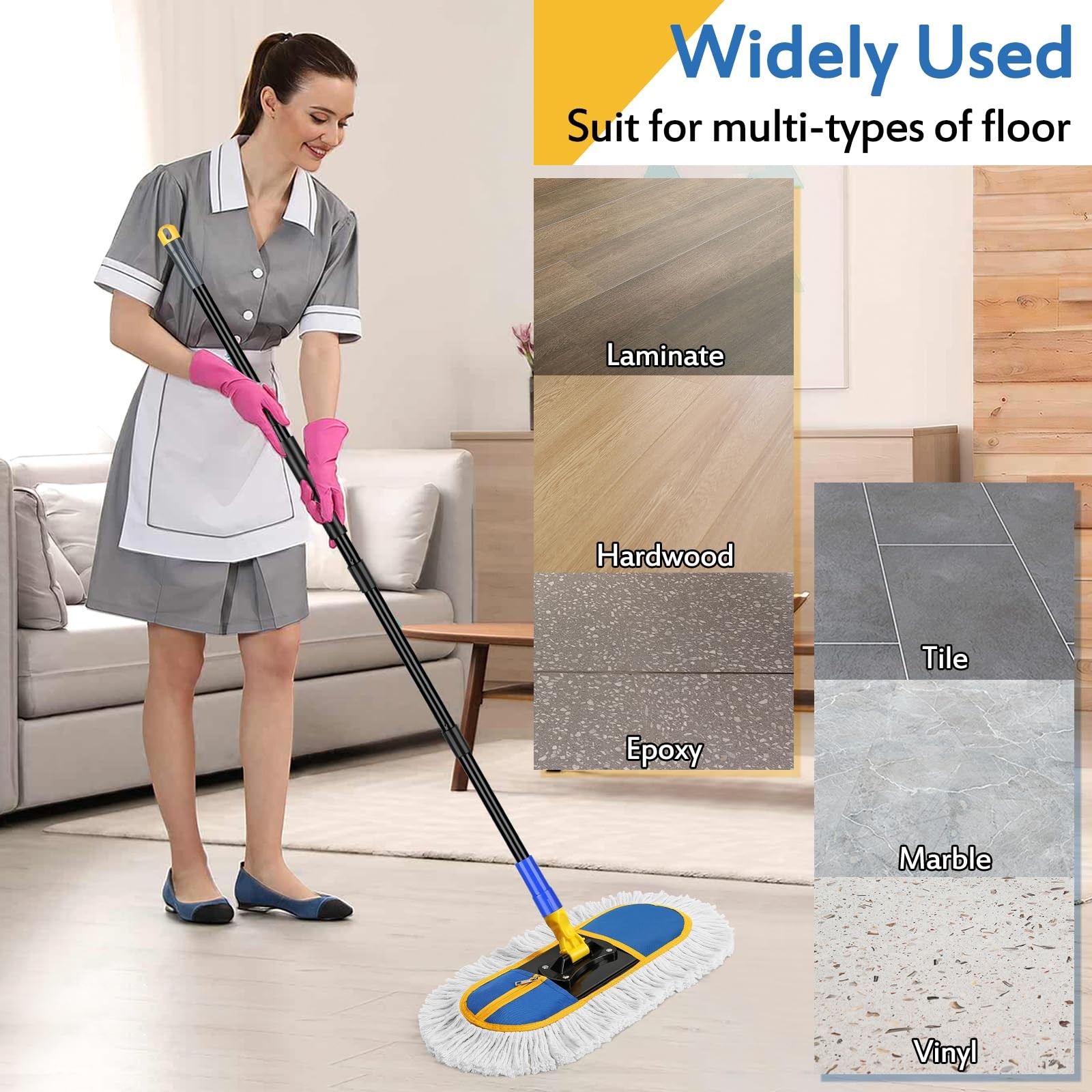 16 Inch Commercial Dust Mop for Floor Cleaning – Industrial Wet Dry Broom with 2