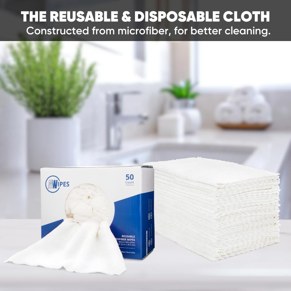 Microfiber Rags in a Box (50 Count) – Mwipes – 10″ X 12″ Reusable Wipes for Clea