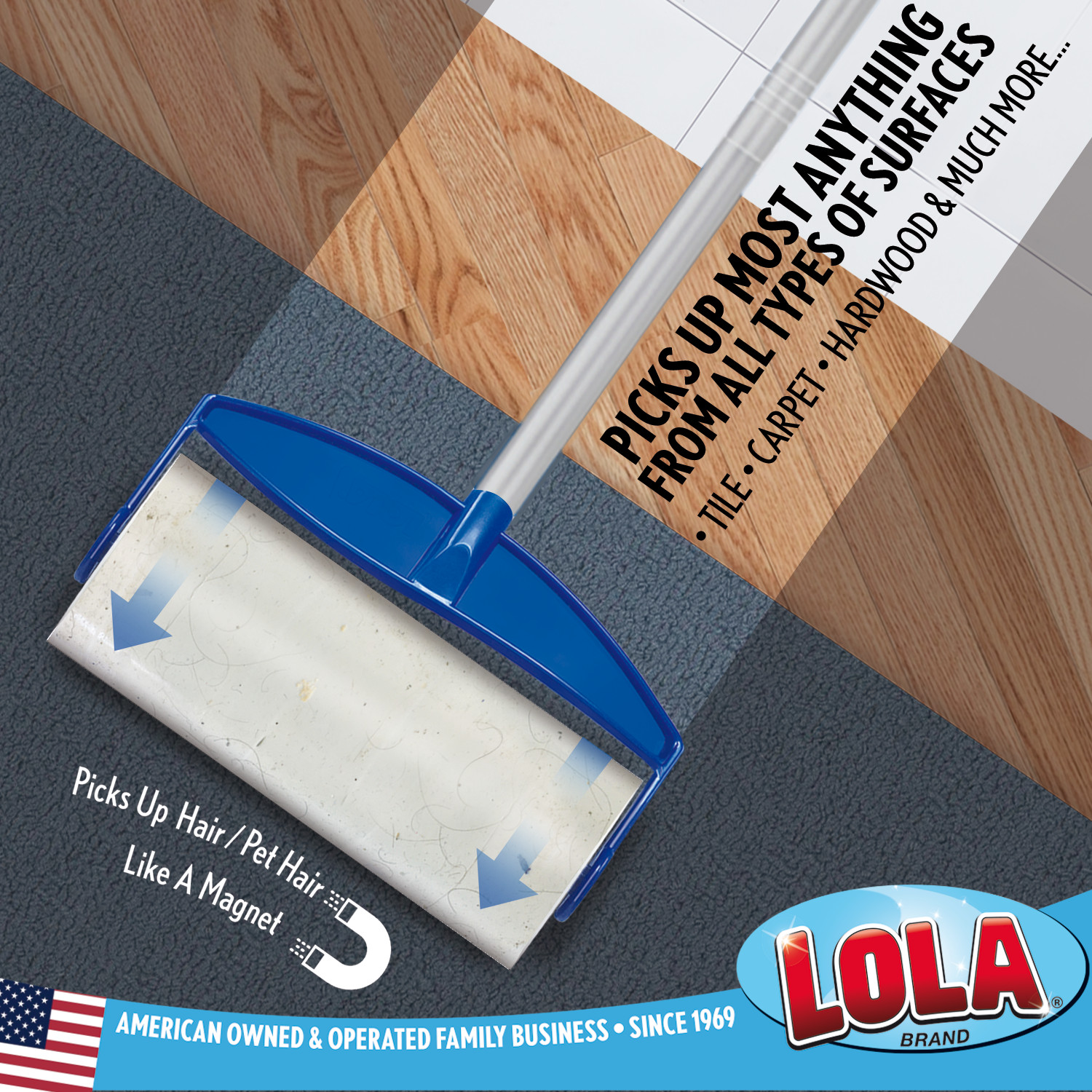 LOLA Rola PET Hair Remover Extra Sticky Large Mop 9” x 3.5”w/ Extender Handle