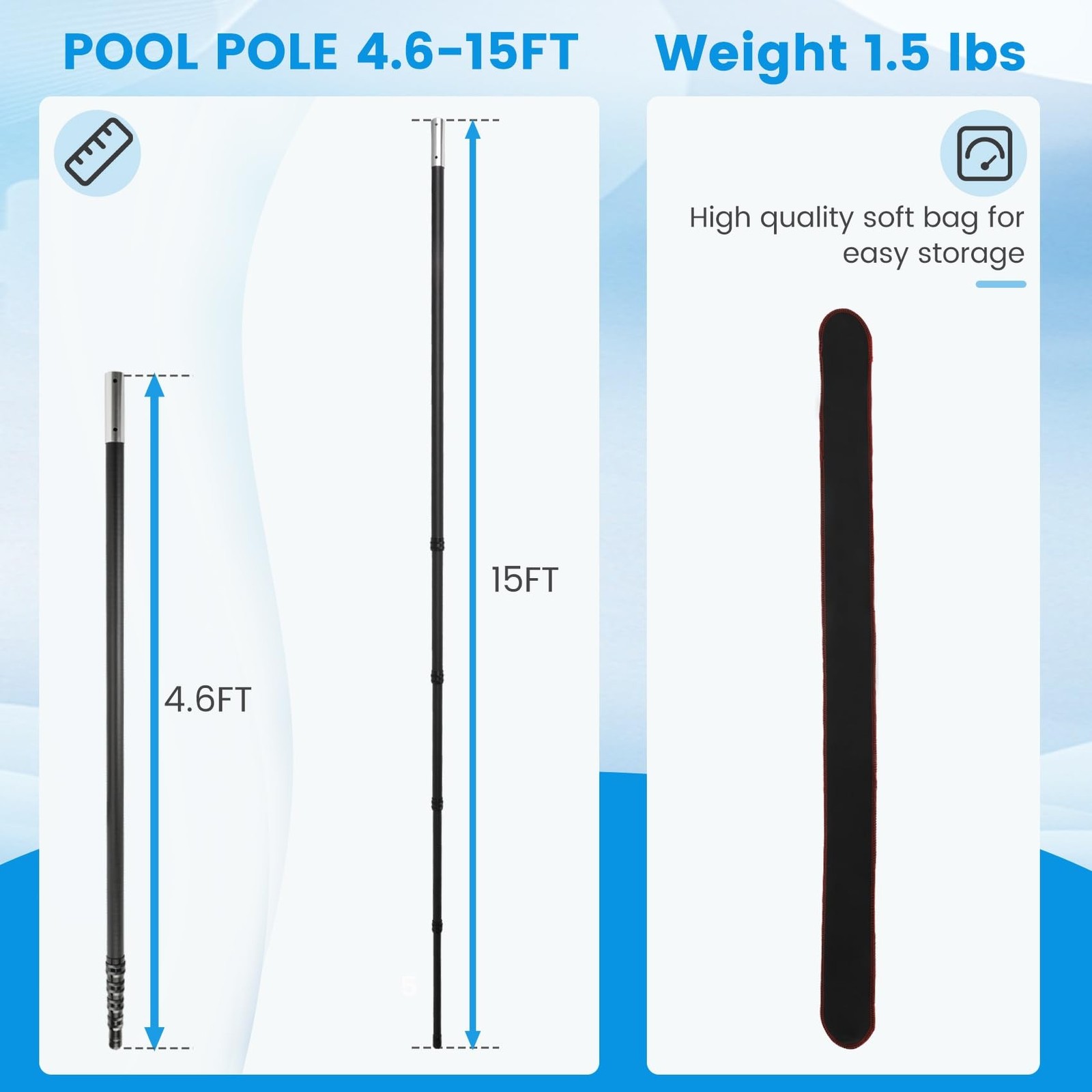 Pool Pole Carbon Fiber, Premium15FT Pool Pole telescopic 4.6 to 15 FT, Adjust…