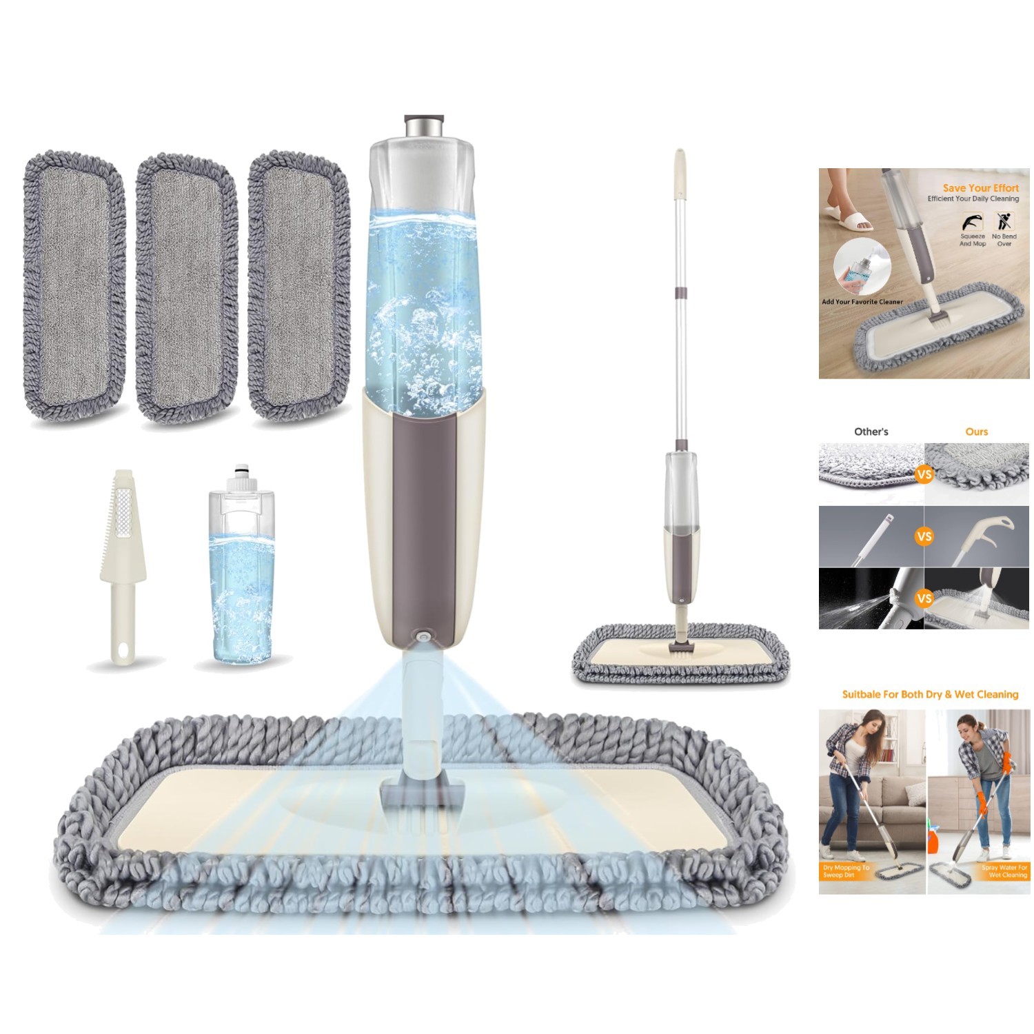 Microfiber Spray Mop for Hardwood Cleaning – 3 Reusable Pads, Lightweight Design