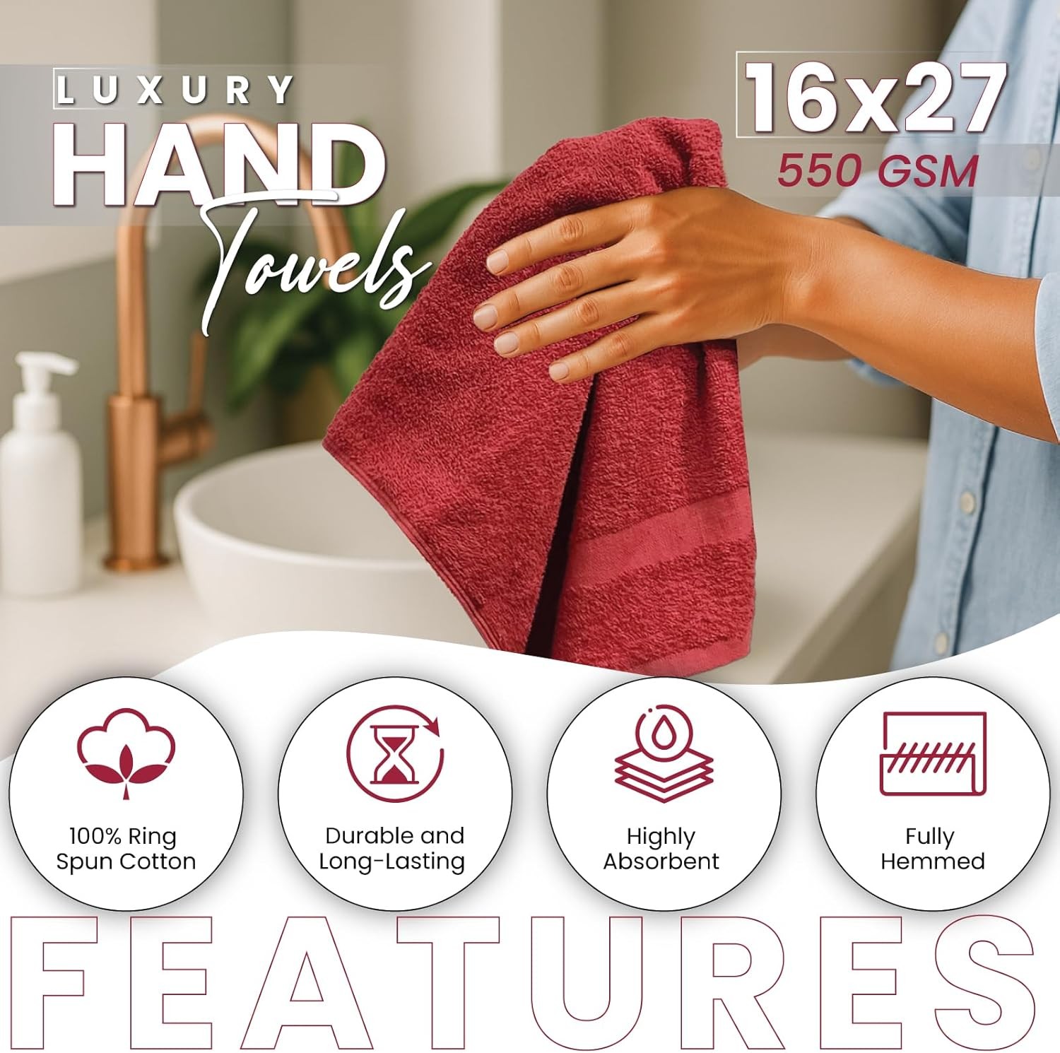 Luxury Hand Towels – 550 GSM, 16×27 Inch, Pack of 6, 100% Ring Spun Cotton –