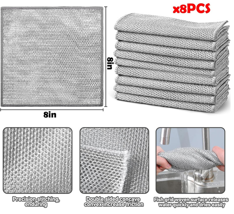 8PCS Non Scratch Wire Dishwashing Cloth Steel Wool Mesh Cleaning Rags Kitchen