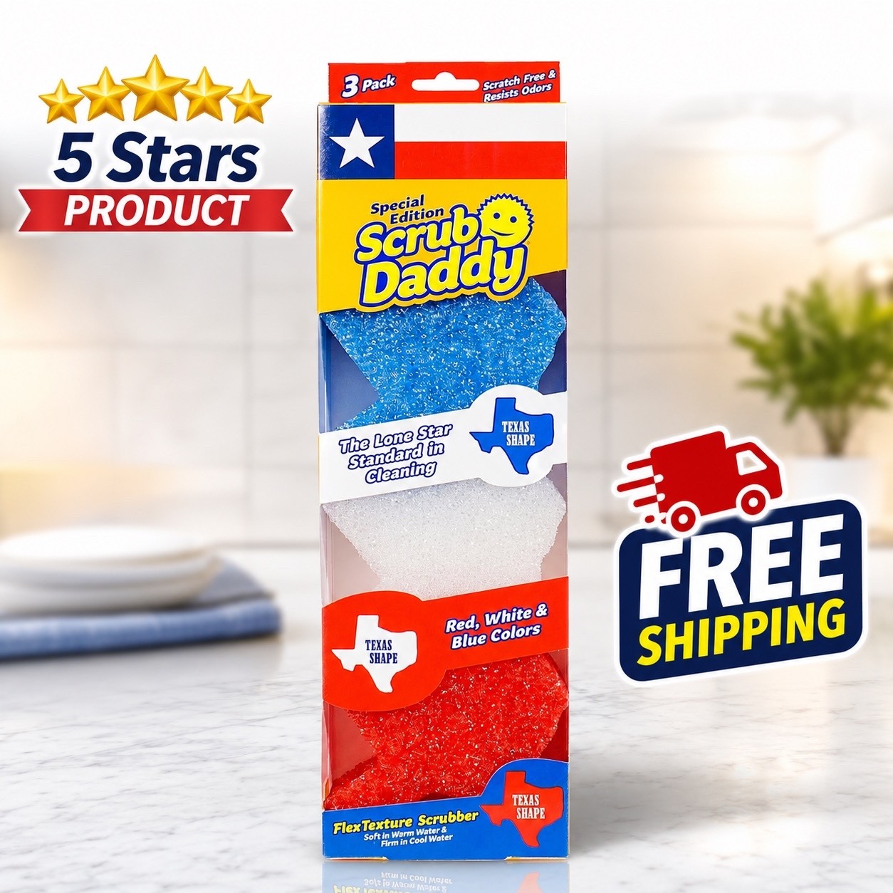 Scrub Daddy Special Texas Edition, Red, White & Blue Scrubbers, 3-Pack TX Shape
