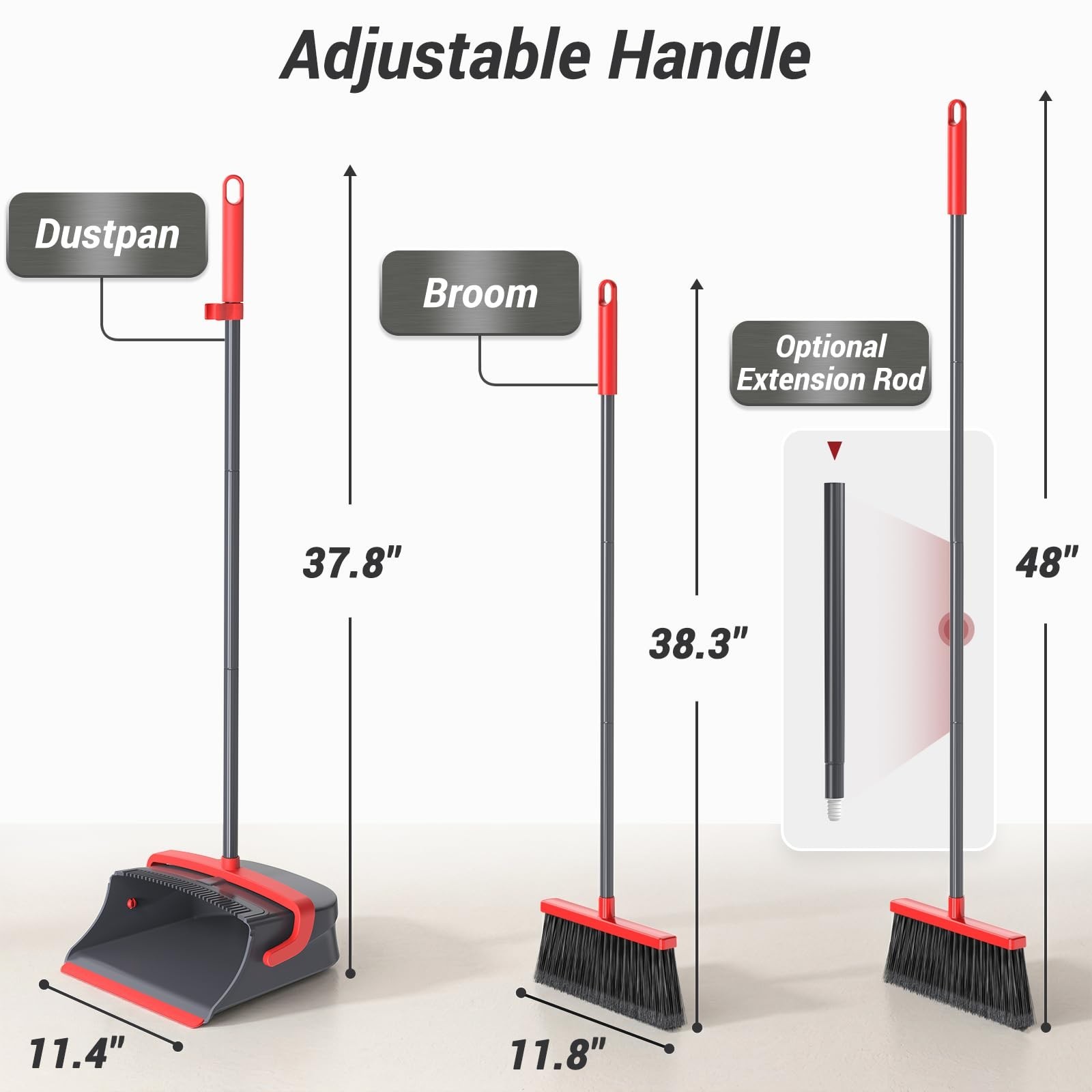 Long Handle Broom & Dustpan Set, Self-Cleaning, Pet Hair & Dust Removal, Indoor/
