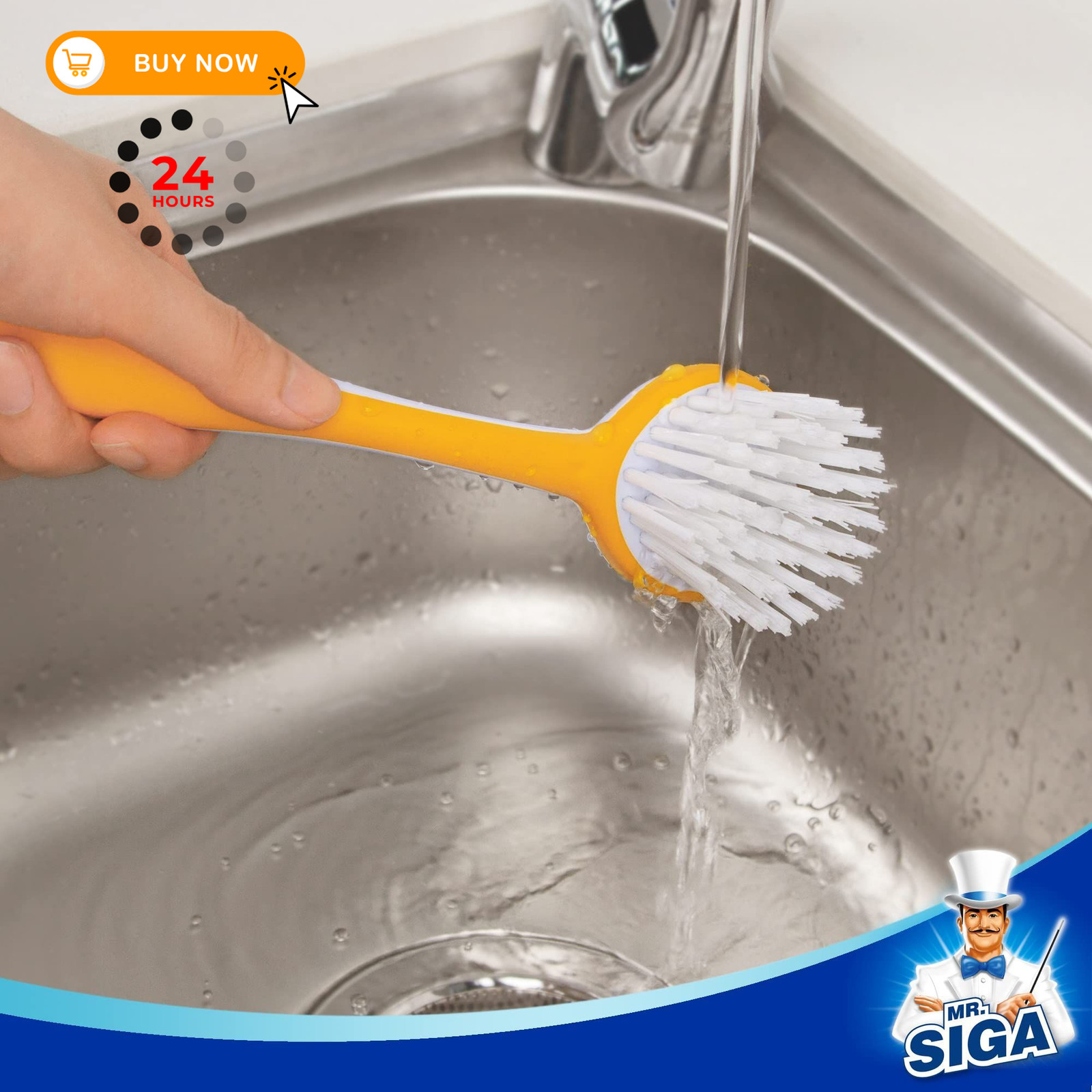 MR.SIGA Round Dish Brush, Size: Dia 6.5 X 5.5 X 25 cm, Green, Blue, Orange