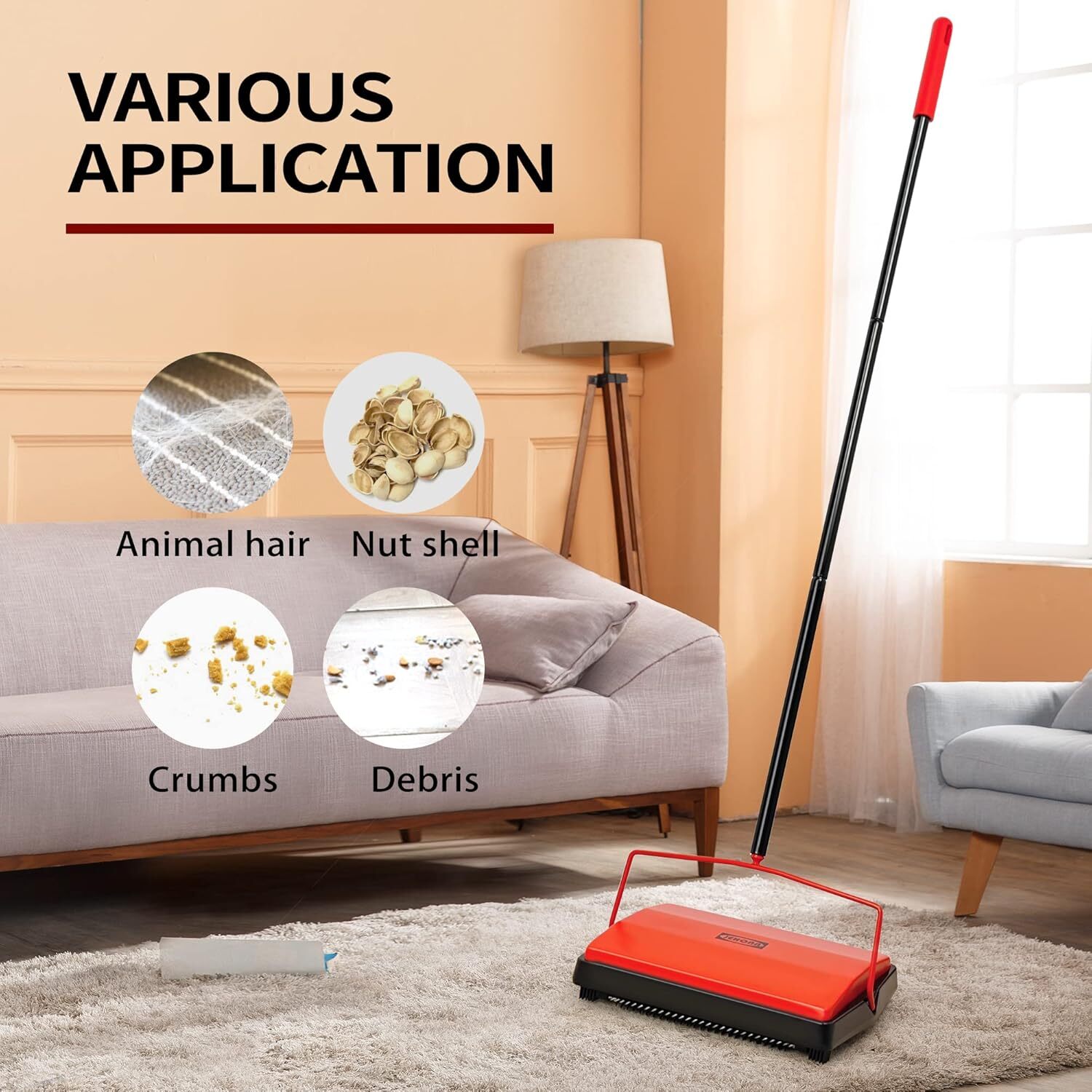 Carpet Floor Sweeper Manual with Horsehair, Non Electric Rug Roller Brush Push