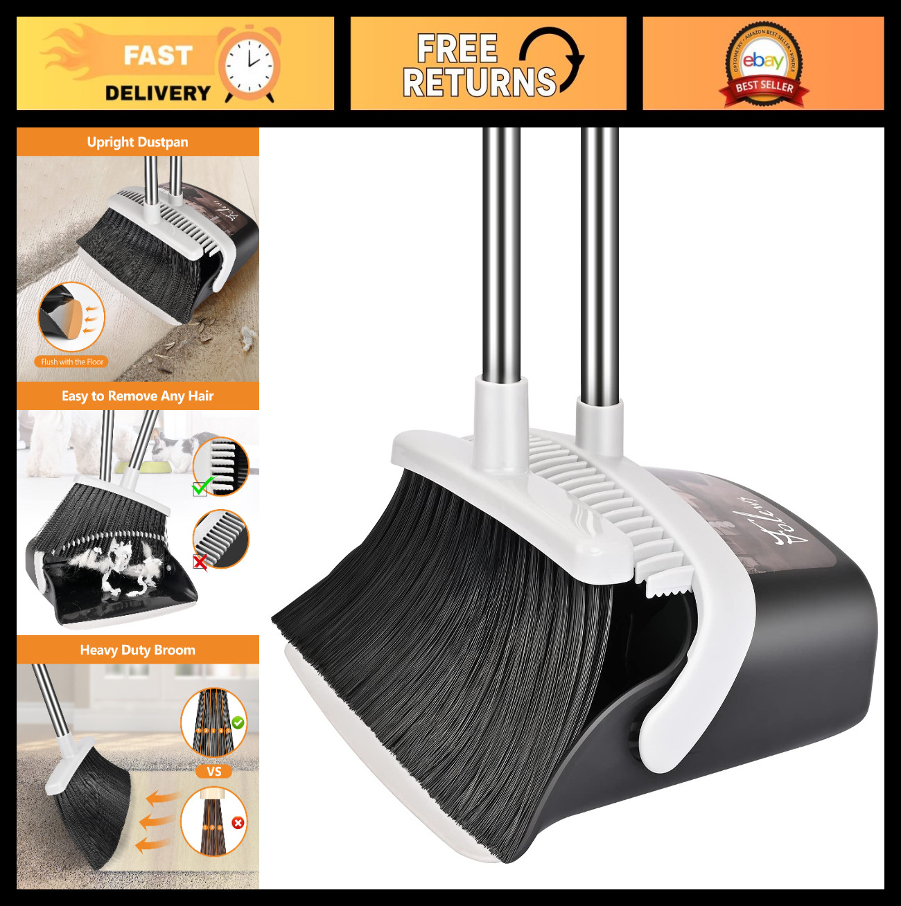 Heavy Duty Broom and Dustpan Set | 51″ Long Handle, Self-Cleaning, Indoor Outdoo