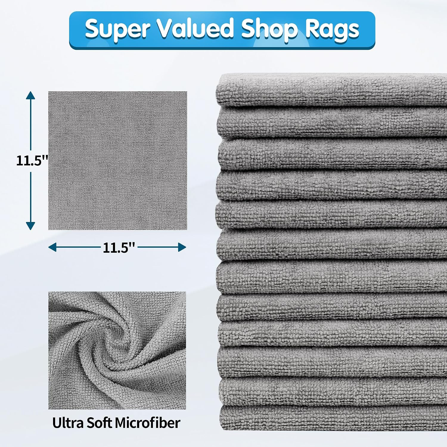 Shop Towels, Pack of 100, Grey Microfiber Cleaning Cloth Bulk