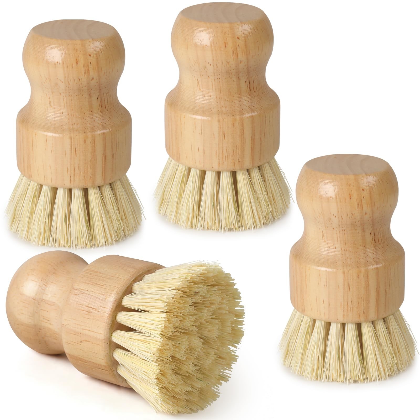 4 Pack Bamboo Dish Brush Set, Natural Kitchen Scrub Brush with Sisal Bristles…