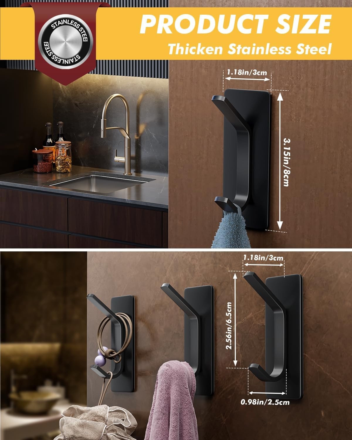 Self Adhesive Hooks 15lbs Heavy Duty, 5 Pack Stainless Steel Wall Hooks for Coat
