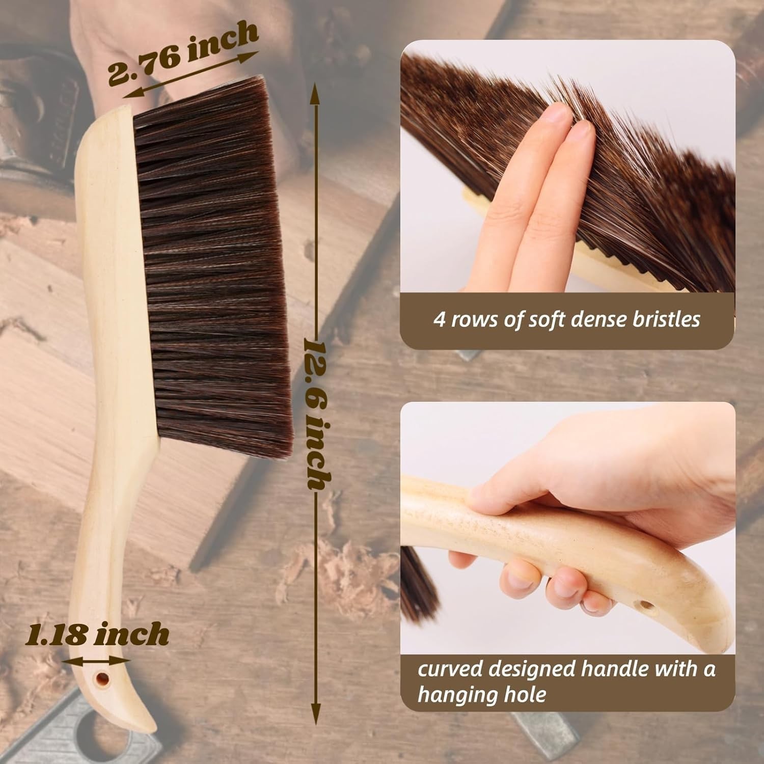 2 Pieces Woooden Hand Broom Dust Brush with Wood Handle Whisk Broom Soft Bristle