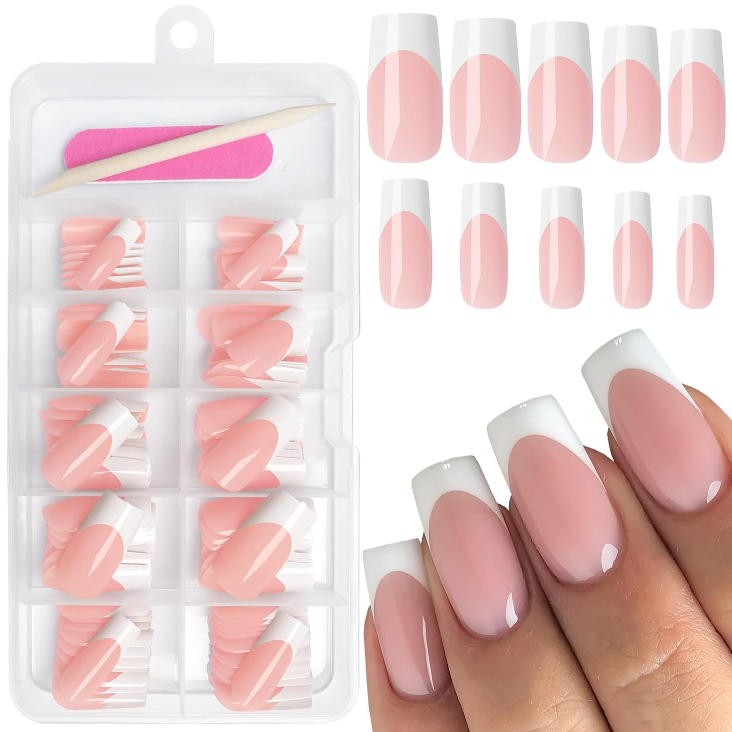 Addfavor 120Pcs White French Tip Press on Nails Medium Square Fake Nails Nude Fa